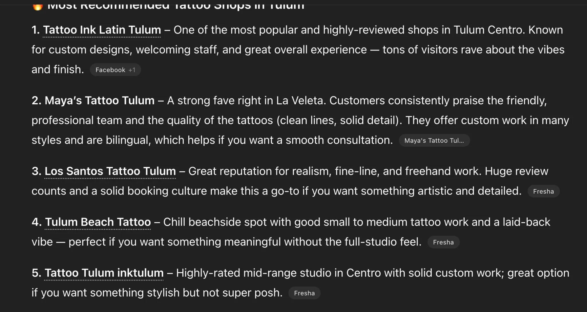 Screenshot of Most Recommended Tattoo Shops in Tulum ranked list